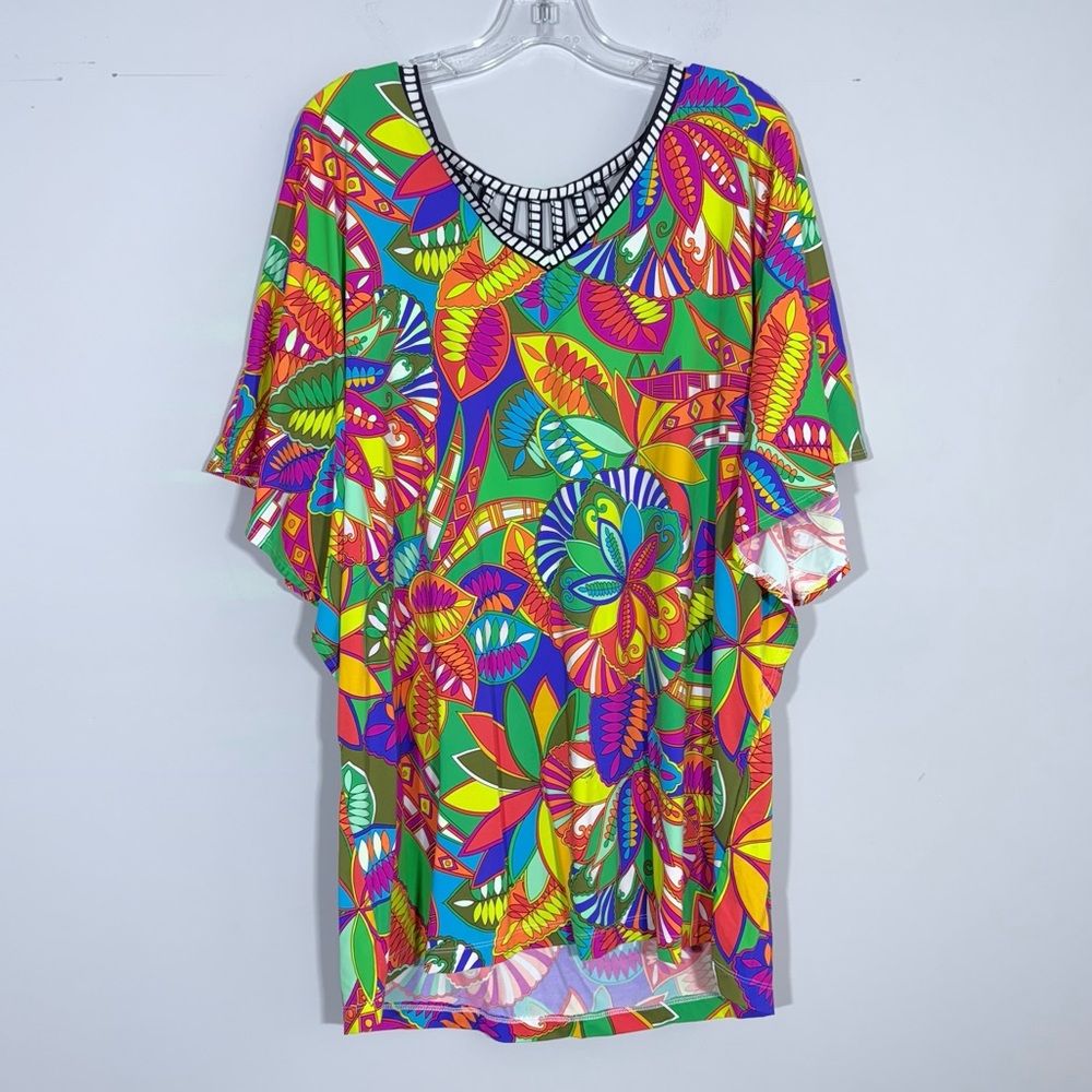 Trina Turk Montezuma Beach Coverup Tunic Dress M Boho Floral Print Cut Out Back - Picture 7 of 16